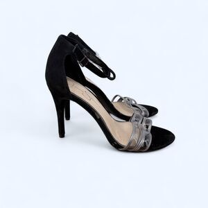Black Faux Suede Clear Metallic Stripe Strap Ankle Buckle Stiletto Heels NWOT